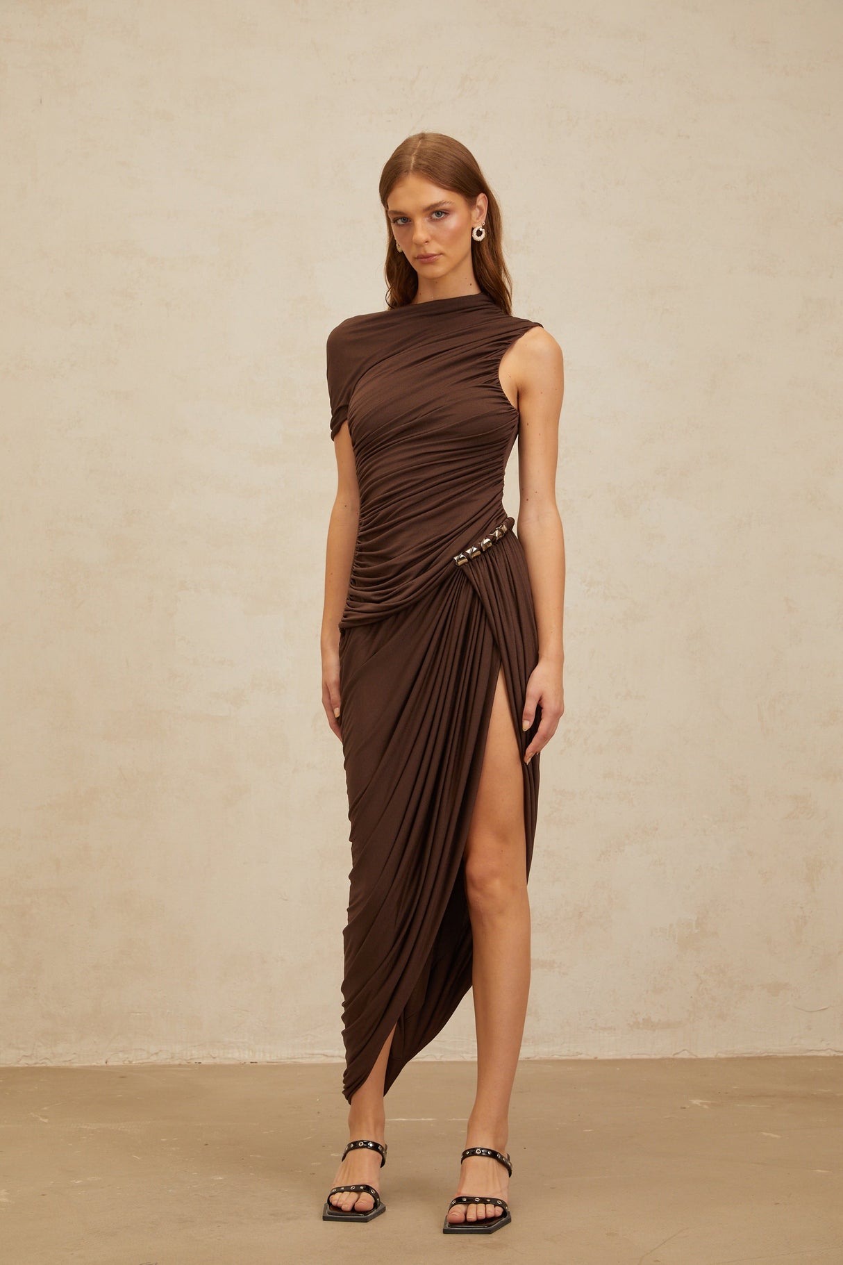 Aurohaya Prune Brown Night Out Asymmetrical Ruched Midi Dress