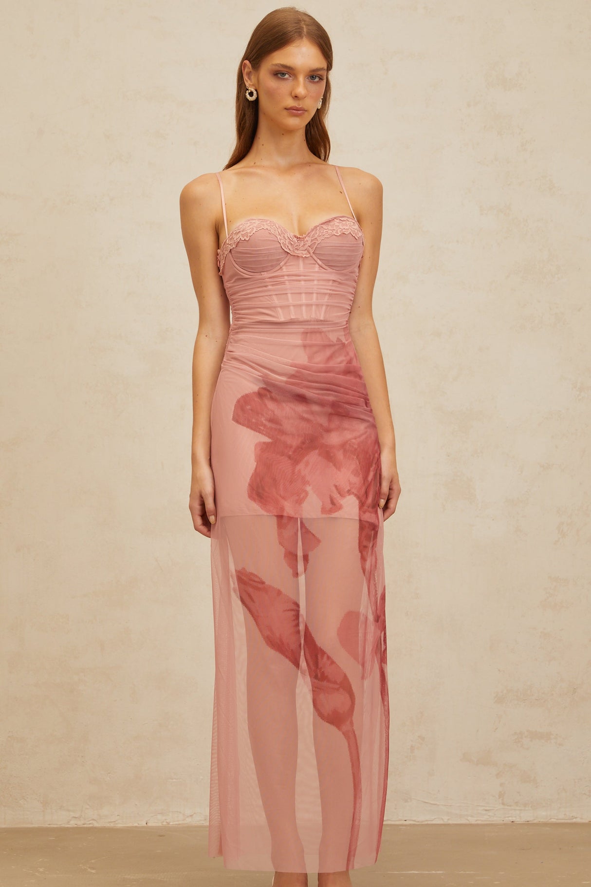 Aurohaya Amandine Pink Floral Print Tulle Maxi Dress