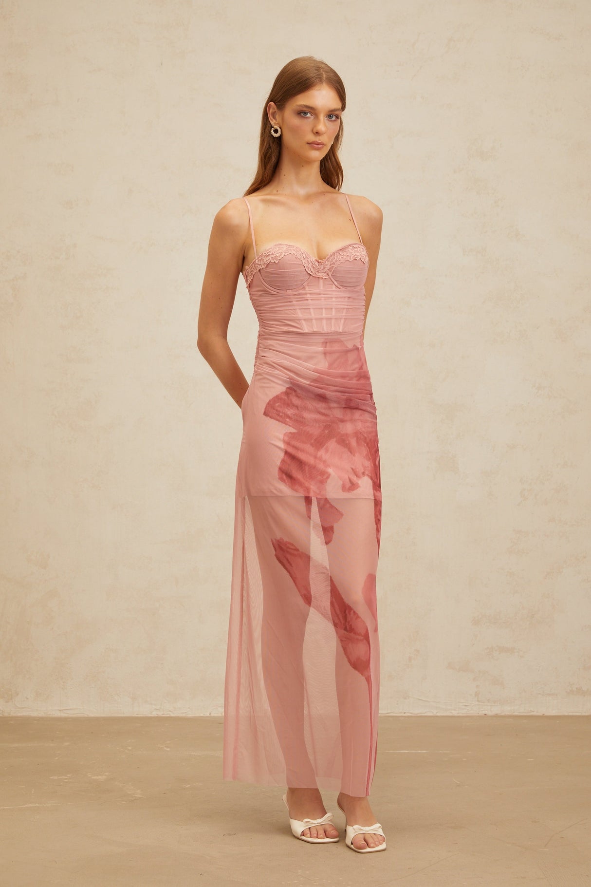 Aurohaya Amandine Pink Floral Print Tulle Maxi Dress
