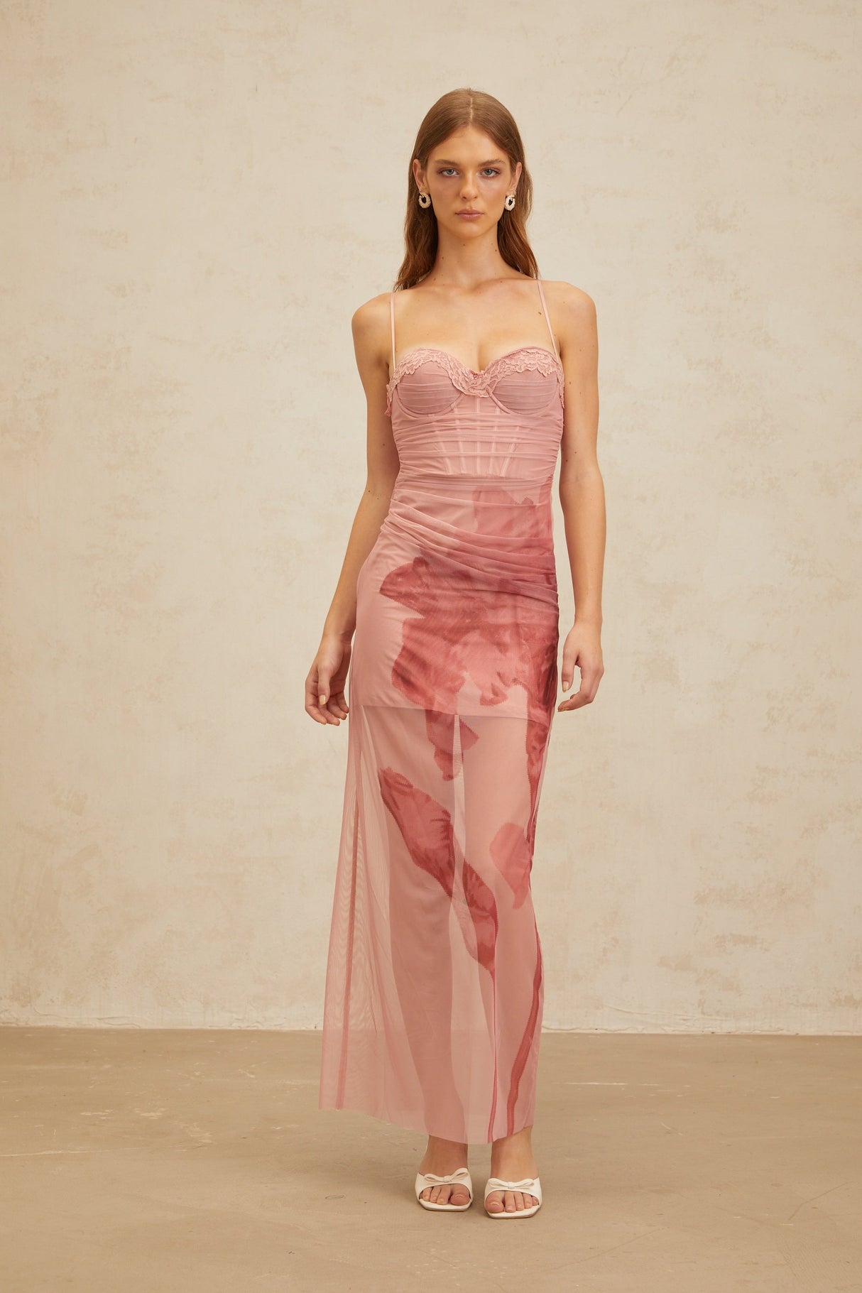 Aurohaya Amandine Pink Floral Print Tulle Maxi Dress