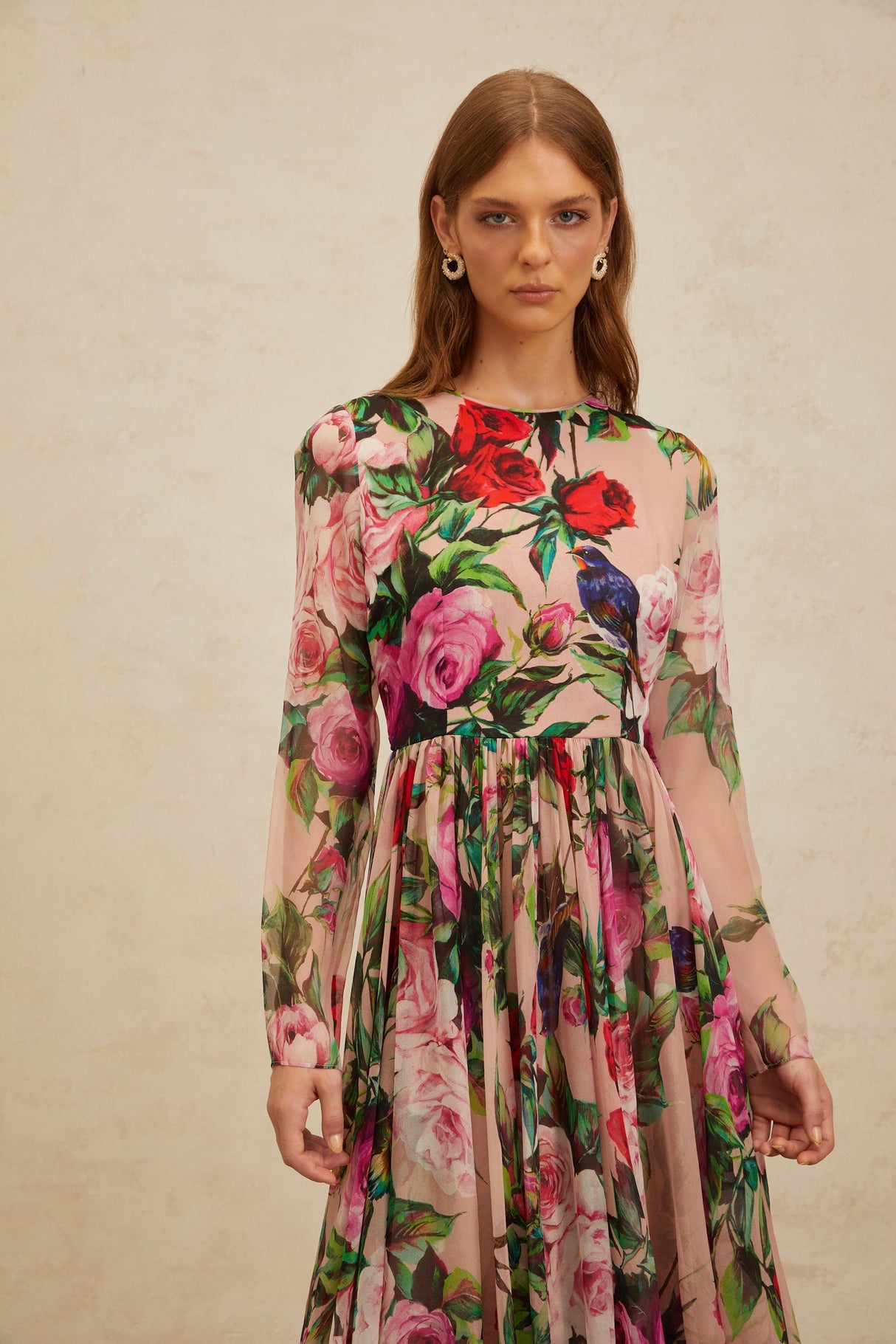 Aurohaya Coralie Pink Rose Print Summer Silk Midi Dress