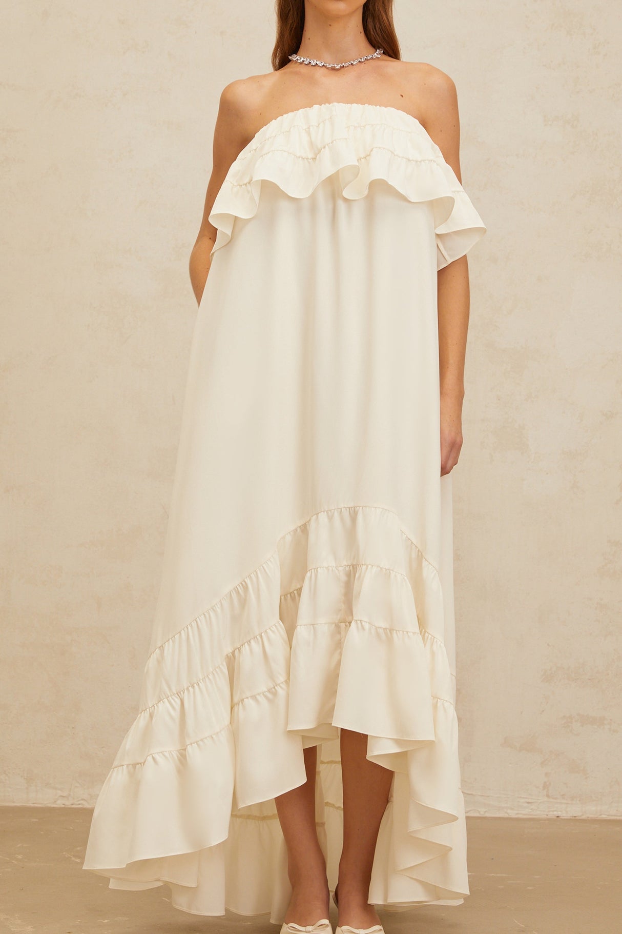 Aurohaya Bénédicte White Vibrant Off Shoulder Shirred Maxi Dress