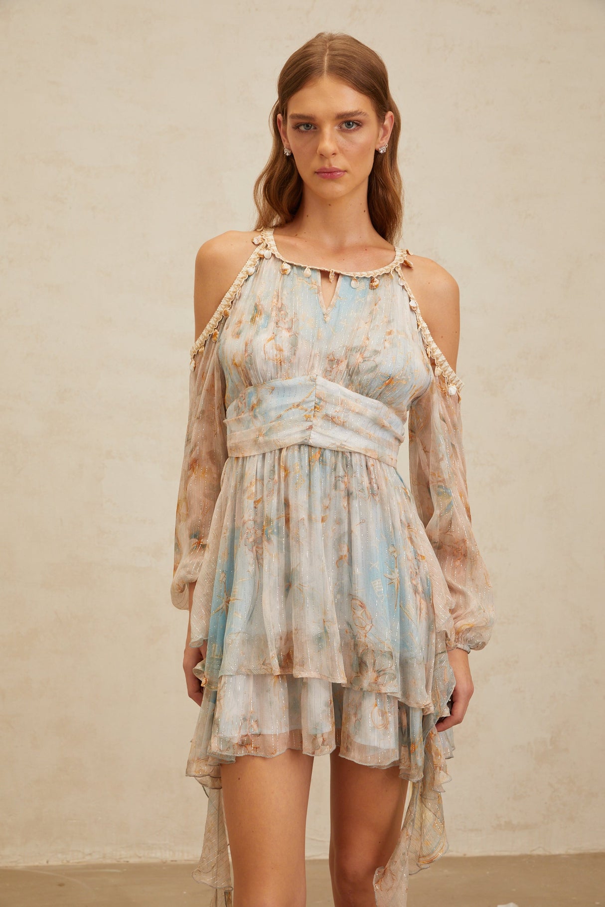 Aurohaya Glannon Blue Floral Print Silk Mini Dress