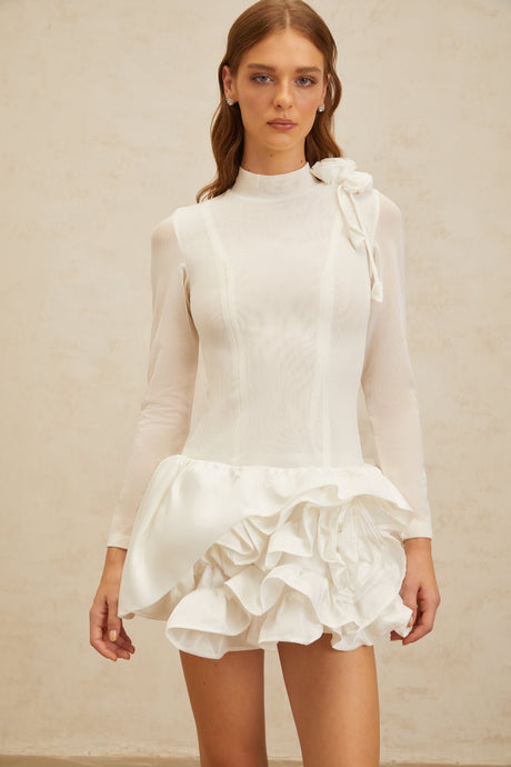 Aurohaya Léonor White 3D Petal Puff Mini Dress