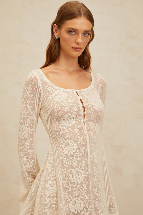 Aurohaya Céline White Flared Crochet Knit Mini Dress