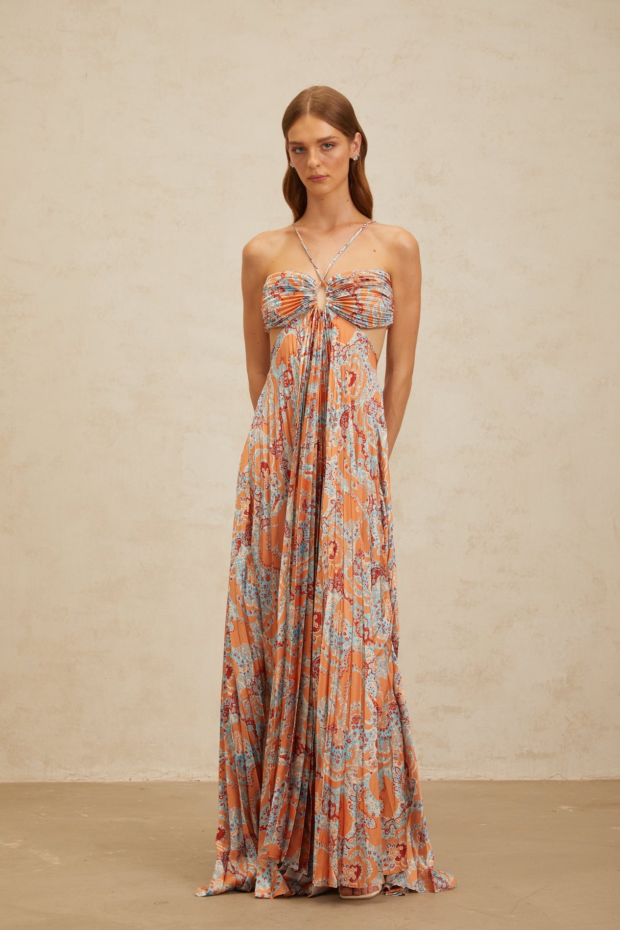Aurohaya Andréa Orange Floral Print Pleated Maxi Dress with Cutout Detail