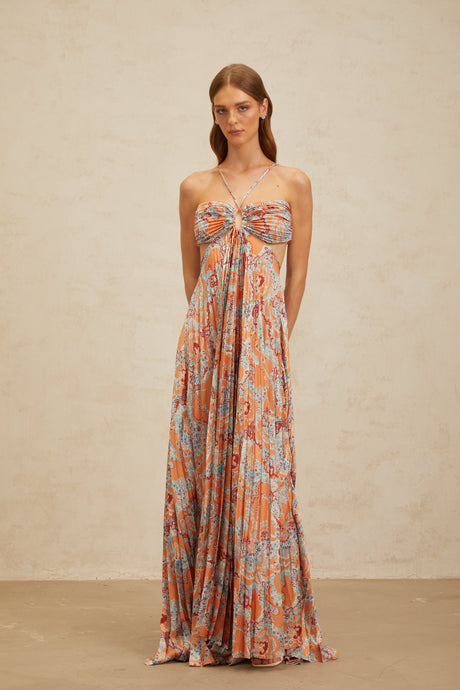 Aurohaya Andréa Orange Floral Print Pleated Maxi Dress with Cutout Detail