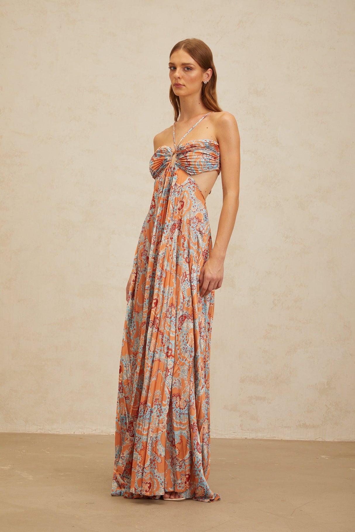 Aurohaya Andréa Orange Floral Print Pleated Maxi Dress with Cutout Detail
