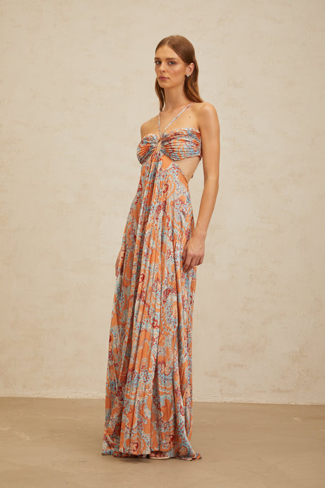 Aurohaya Andréa Orange Floral Print Pleated Maxi Dress with Cutout Detail