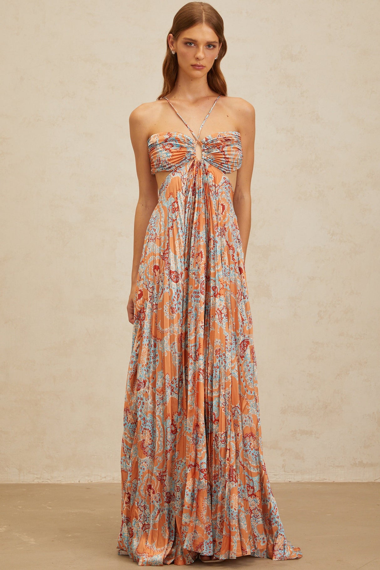 Aurohaya Andréa Orange Floral Print Pleated Maxi Dress with Cutout Detail