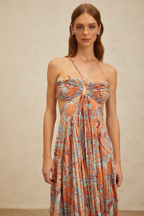 Aurohaya Andréa Orange Floral Print Pleated Maxi Dress with Cutout Detail