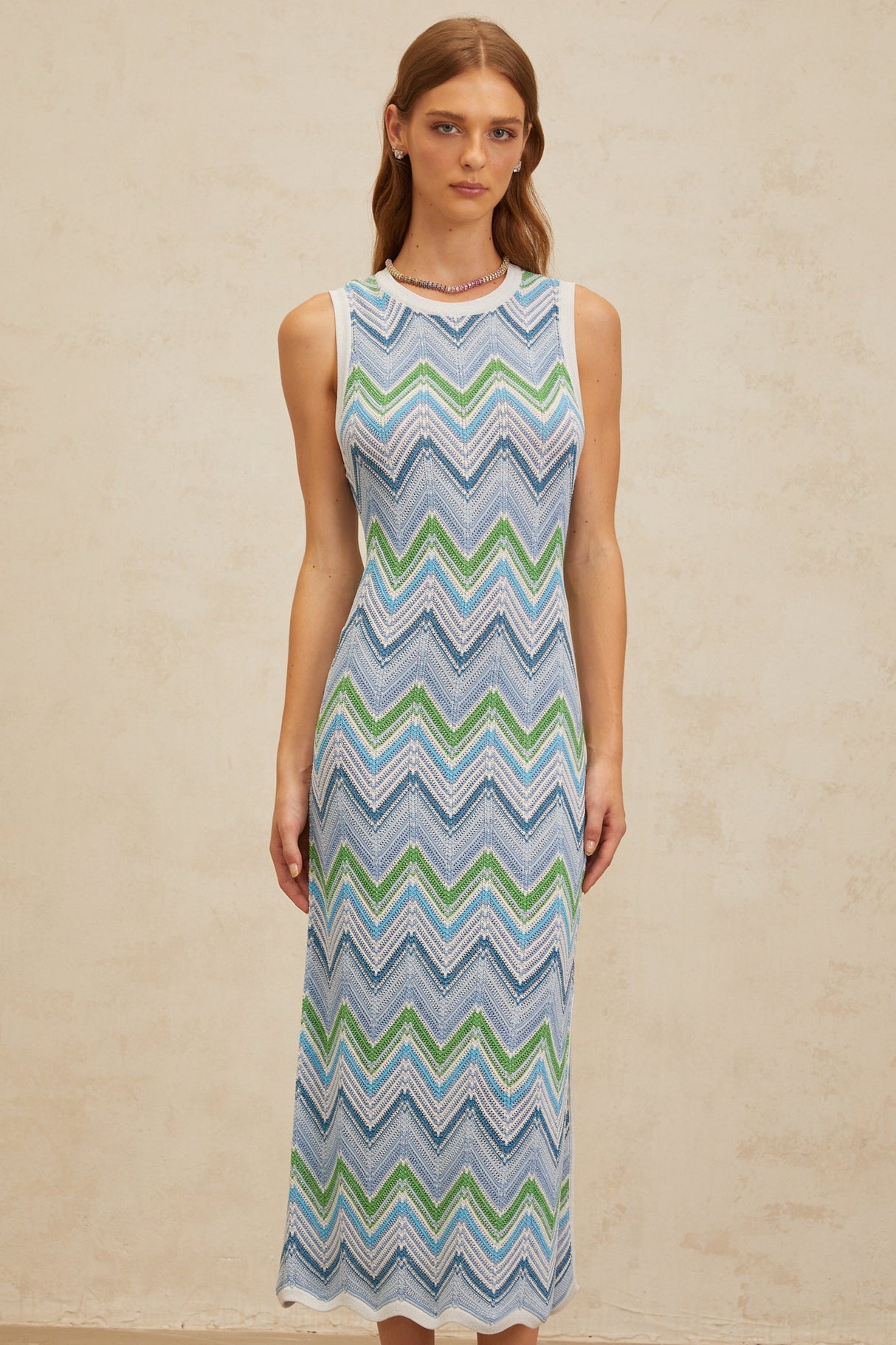 Aurohaya Solène Blue Chevron Knit Midi Dress