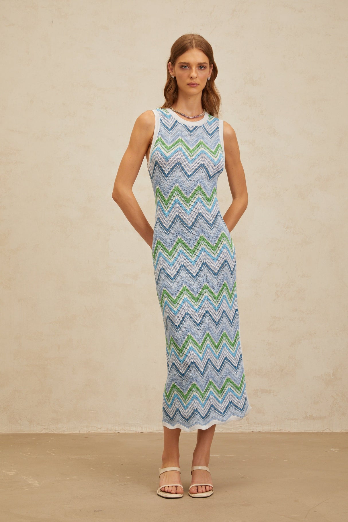 Aurohaya Solène Blue Chevron Knit Midi Dress