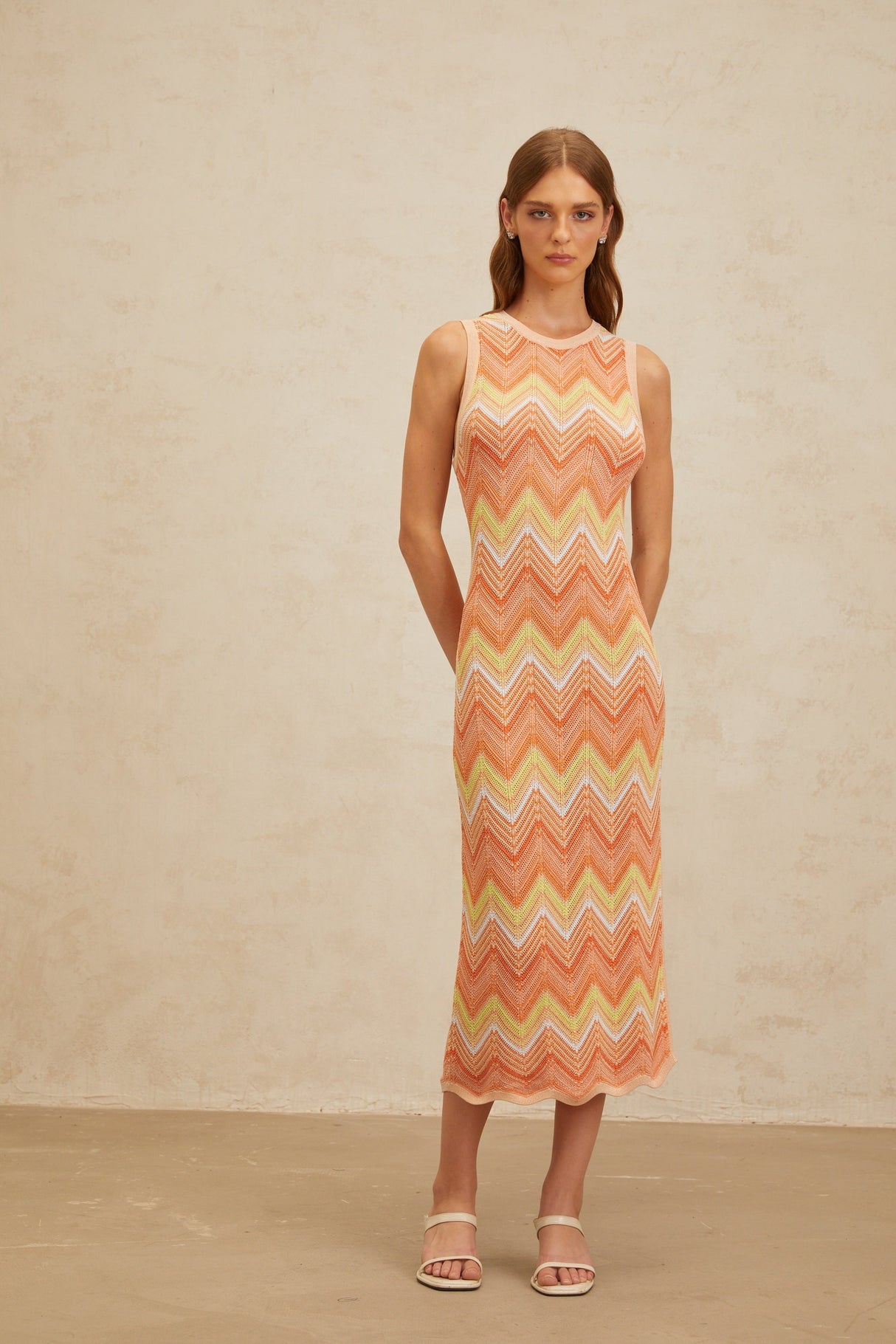 Aurohaya Solène Orange Chevron Knit Midi Dress