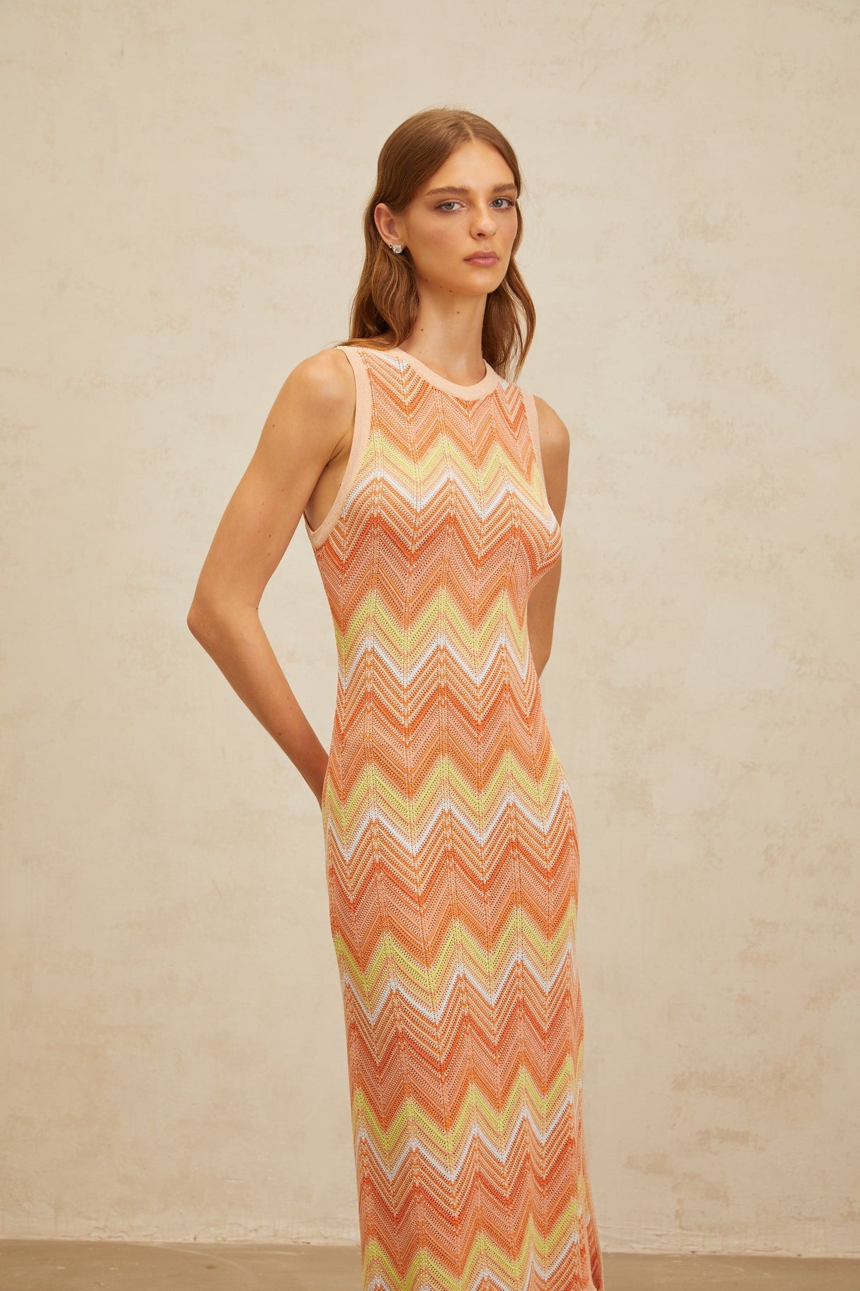 Aurohaya Solène Orange Chevron Knit Midi Dress