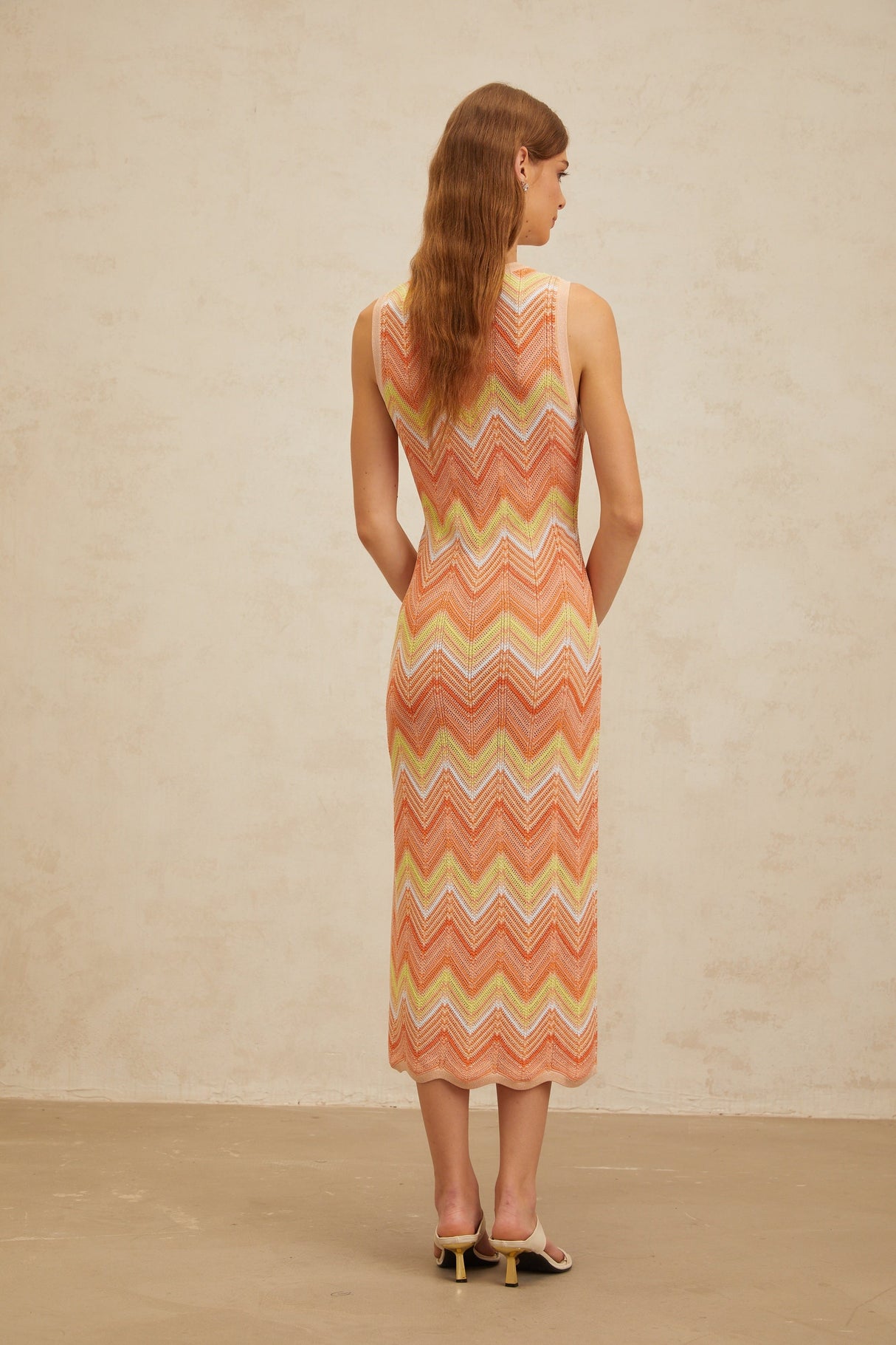 Aurohaya Solène Orange Chevron Knit Midi Dress