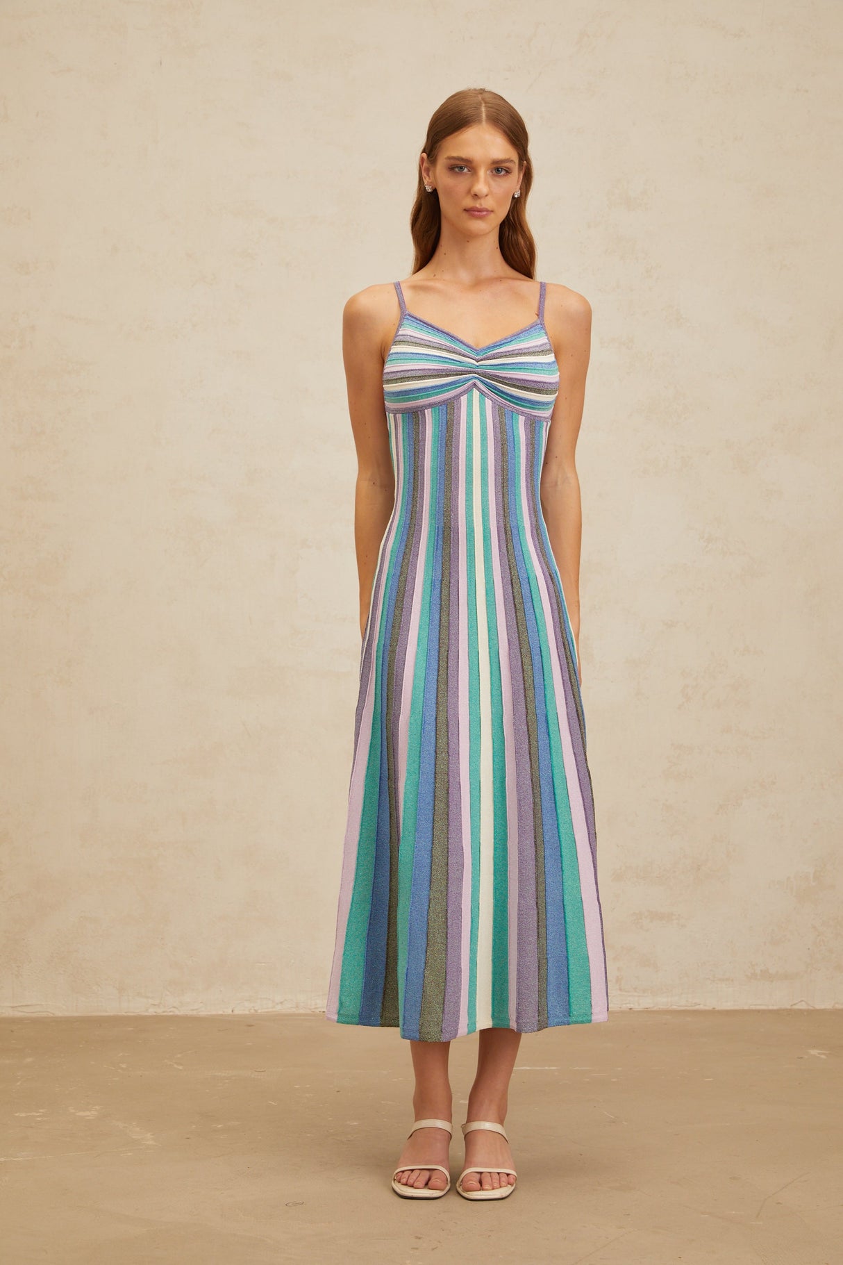 Aurohaya Bruyère Blue Striped Knit Midi Dress