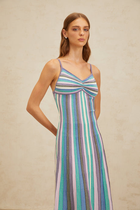 Aurohaya Bruyère Blue Striped Knit Midi Dress