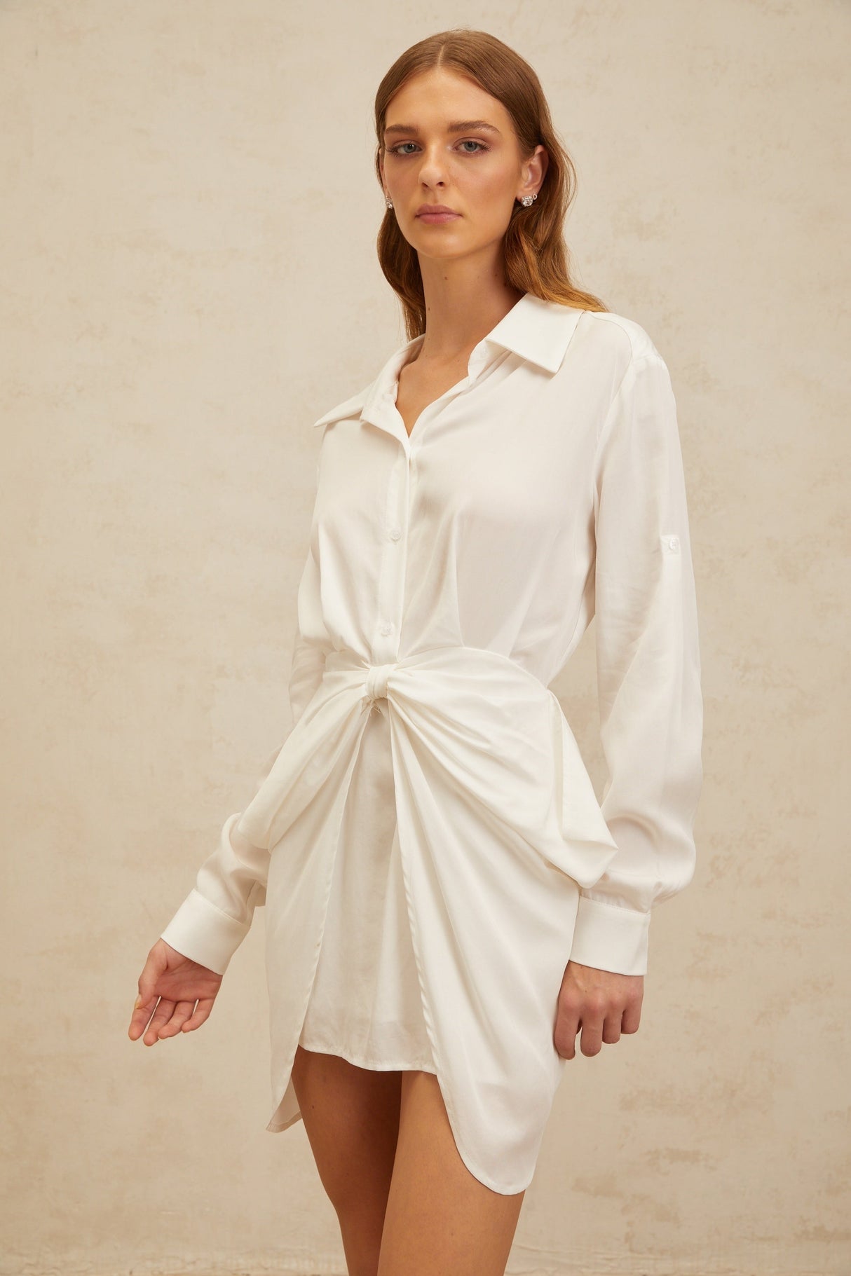 Aurohaya Diane White Chic Bowknot Mini Shirt Dress