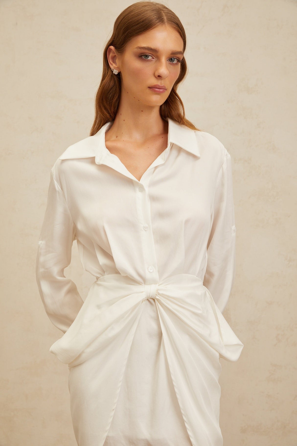 Aurohaya Diane White Chic Bowknot Mini Shirt Dress