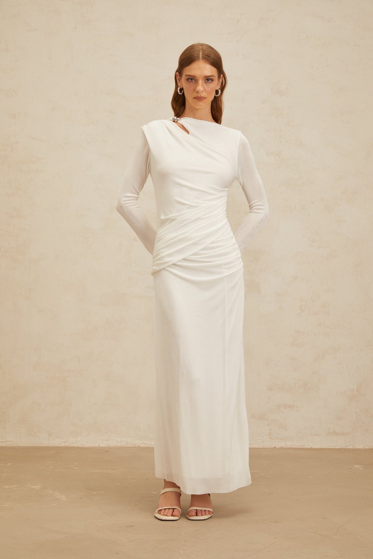 Aurohaya Daneysha White Ruched Maxi Gown