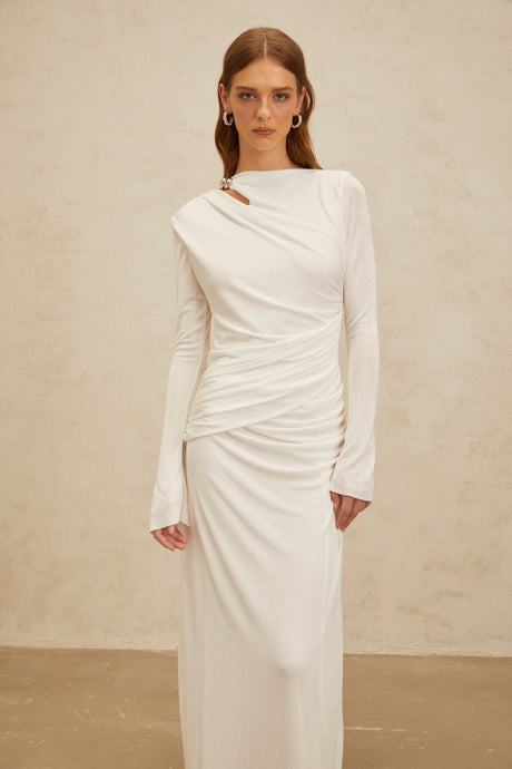 Aurohaya Daneysha White Ruched Maxi Gown