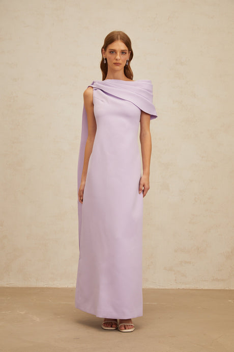 Aurohaya Annabelle Purple Cape-Design Ribbon Maxi Dress