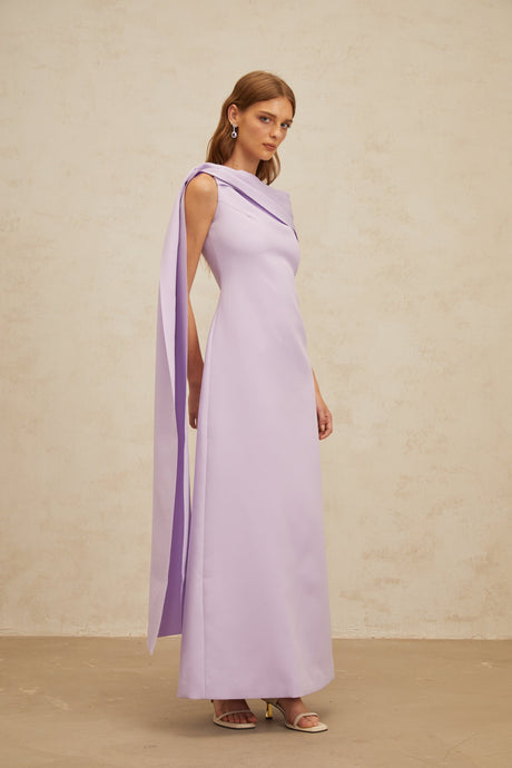 Aurohaya Annabelle Purple Cape-Design Ribbon Maxi Dress