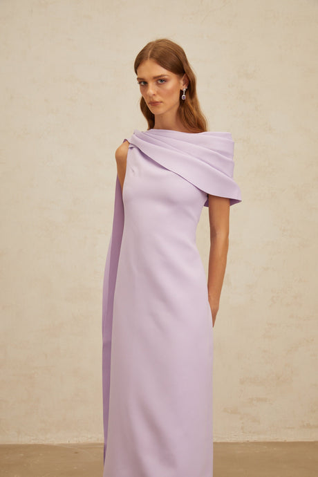 Aurohaya Annabelle Purple Cape-Design Ribbon Maxi Dress