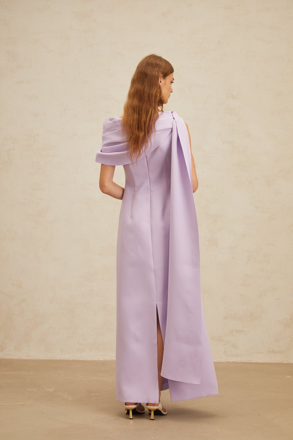 Aurohaya Annabelle Purple Cape-Design Ribbon Maxi Dress