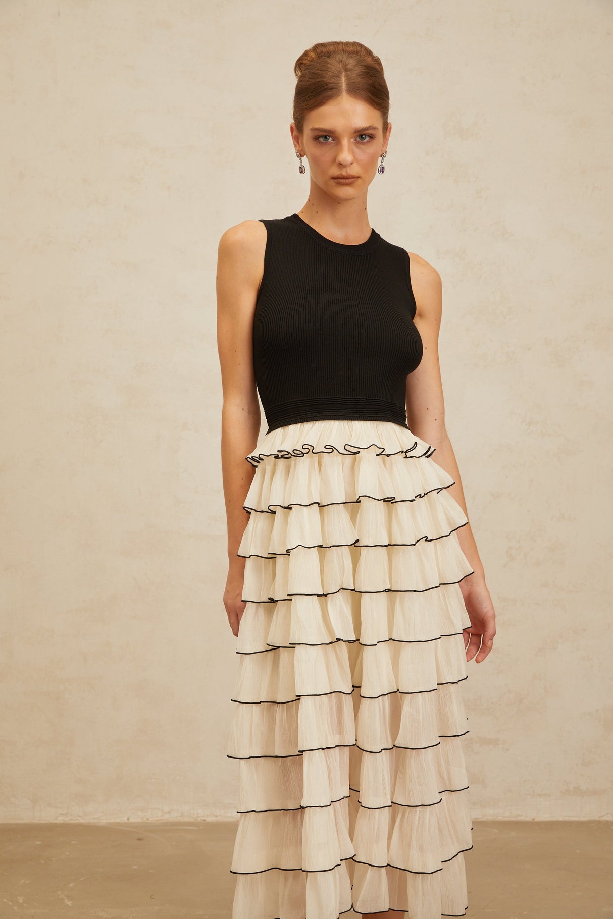 Aurohaya Anouk Contrast Color Tiered Panelled Midi Dress