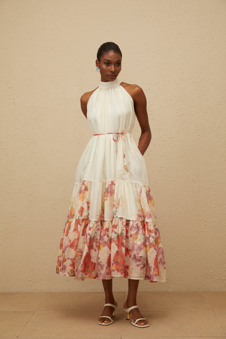 Aurohaya Fleur Neutral Shirred Floral Midi Dress