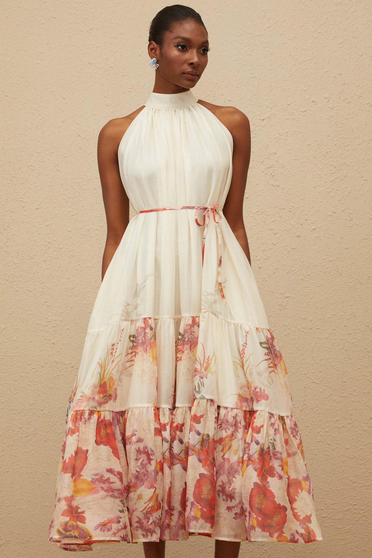 Aurohaya Fleur Neutral Shirred Floral Midi Dress