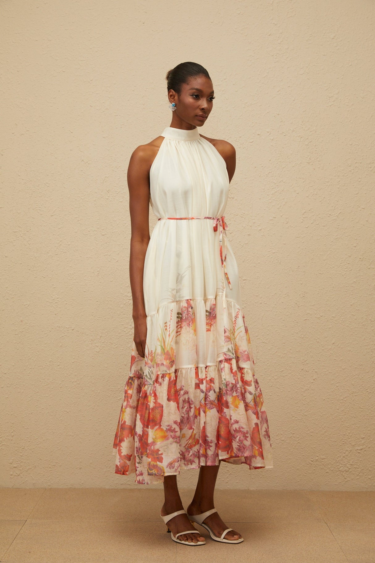 Aurohaya Fleur Neutral Shirred Floral Midi Dress