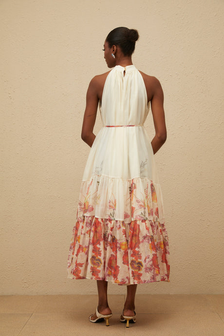 Aurohaya Fleur Neutral Shirred Floral Midi Dress