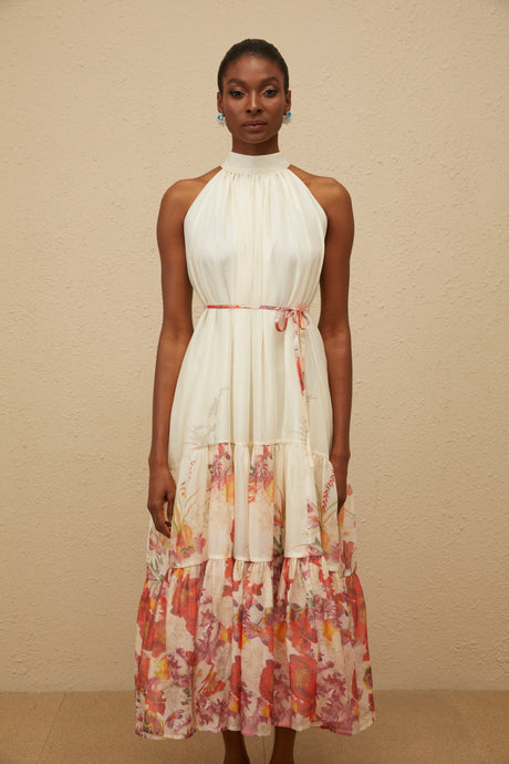 Aurohaya Fleur Neutral Shirred Floral Midi Dress