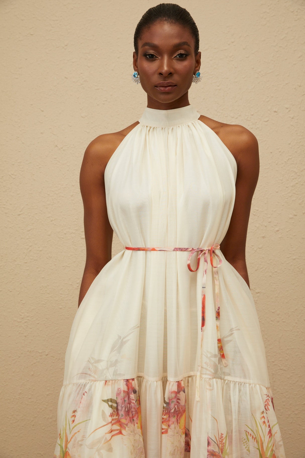 Aurohaya Fleur Neutral Shirred Floral Midi Dress