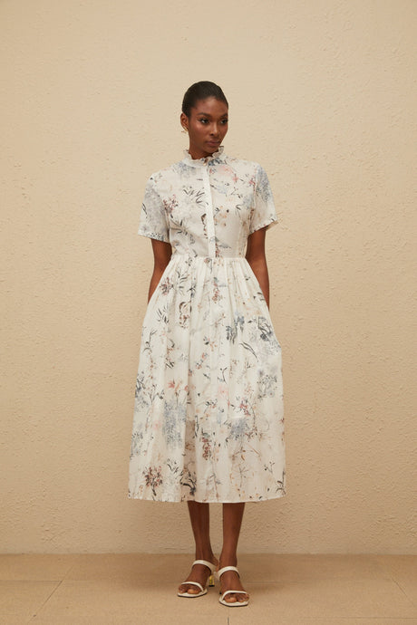 Aurohaya Héloïse White Floral Print Summer Midi Dress