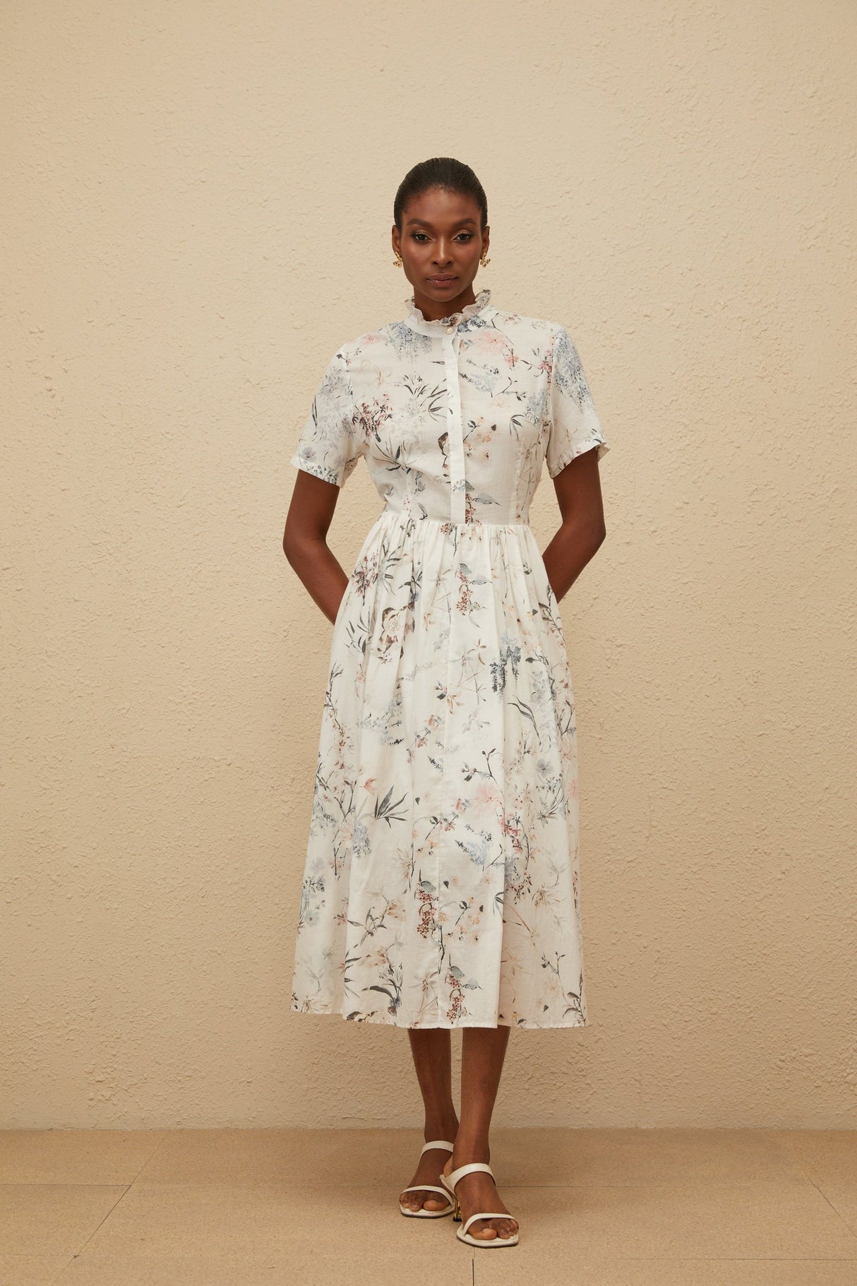Aurohaya Héloïse White Floral Print Summer Midi Dress
