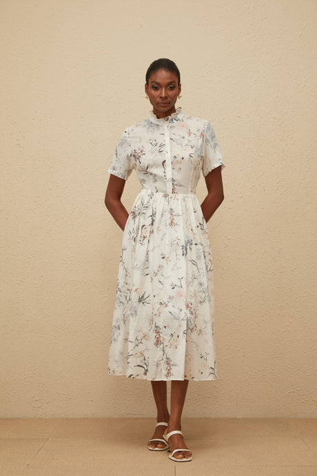Aurohaya Héloïse White Floral Print Summer Midi Dress
