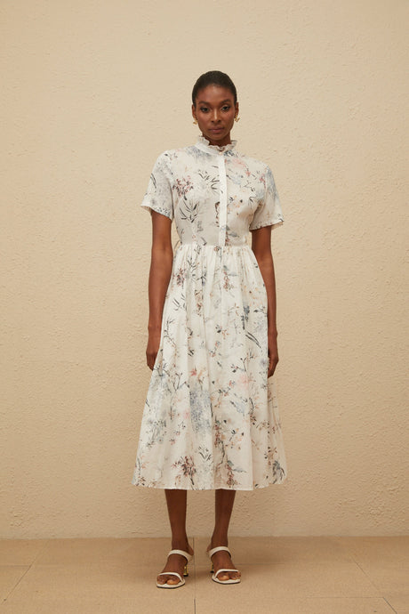Aurohaya Héloïse White Floral Print Summer Midi Dress