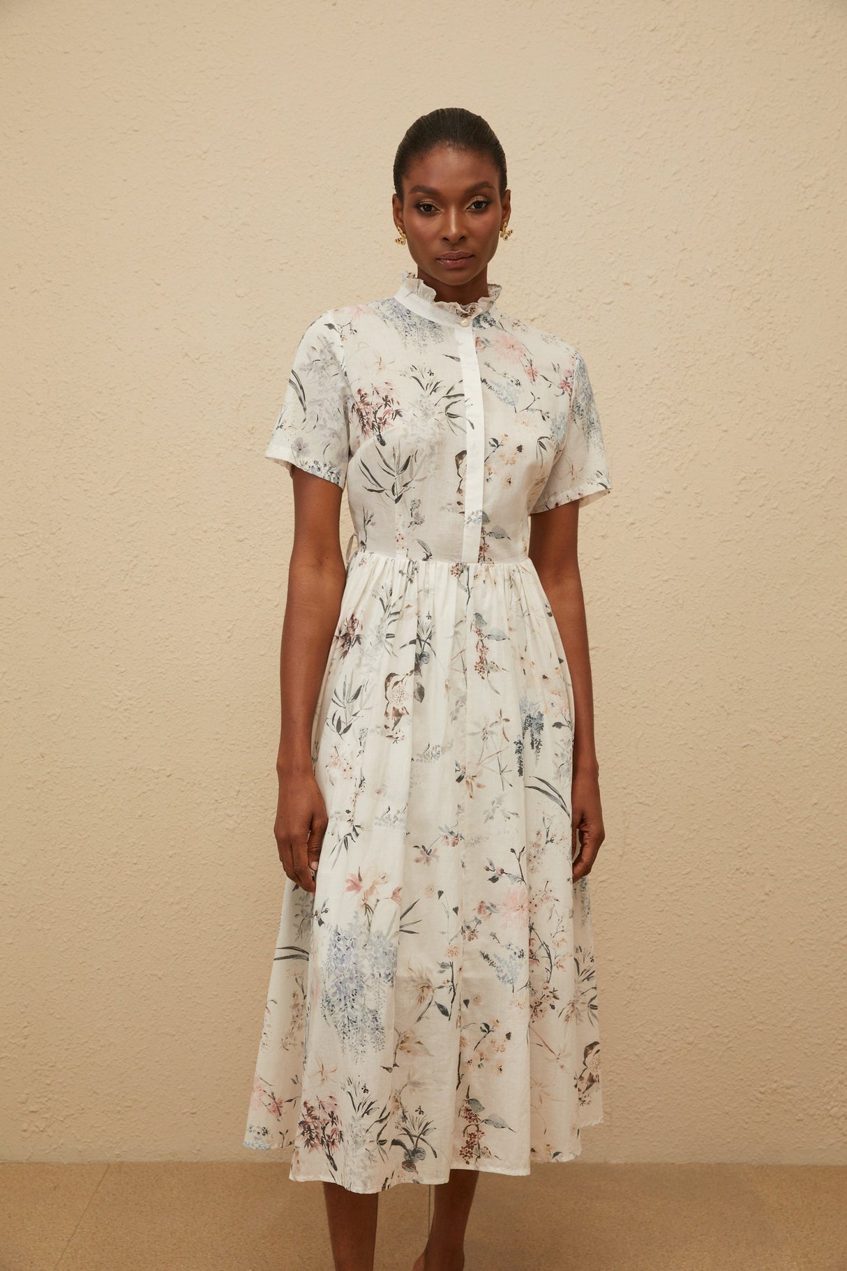 Aurohaya Héloïse White Floral Print Summer Midi Dress