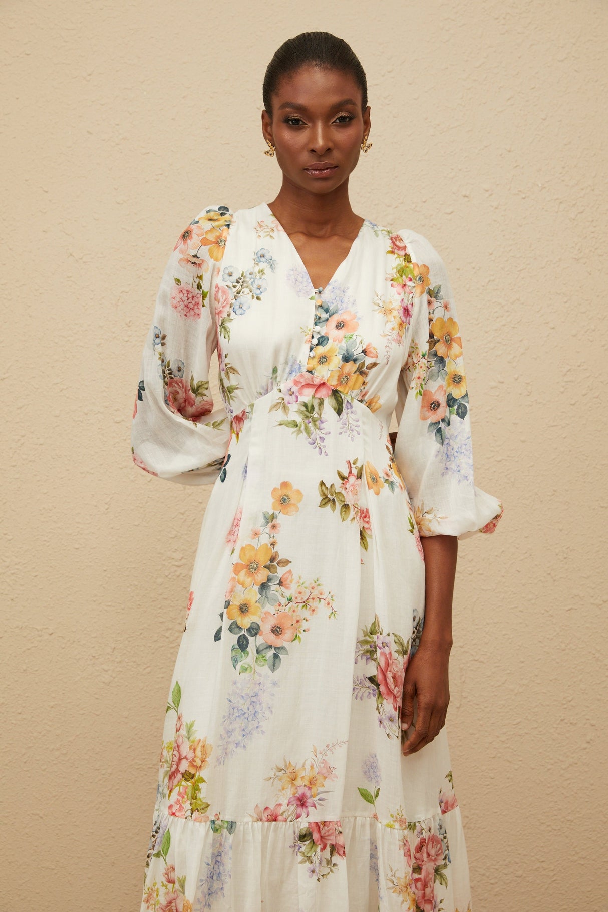 Aurohaya Noémie White Floral Print V-Neck Midi Dress