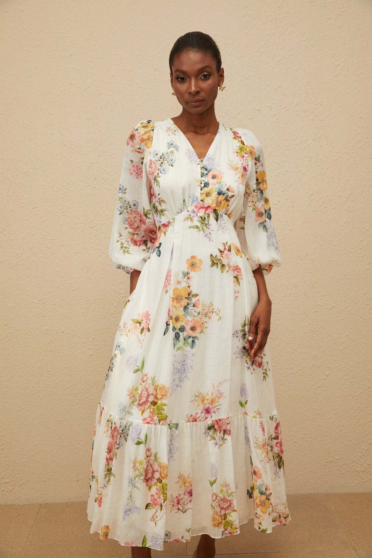 Aurohaya Noémie White Floral Print V-Neck Midi Dress