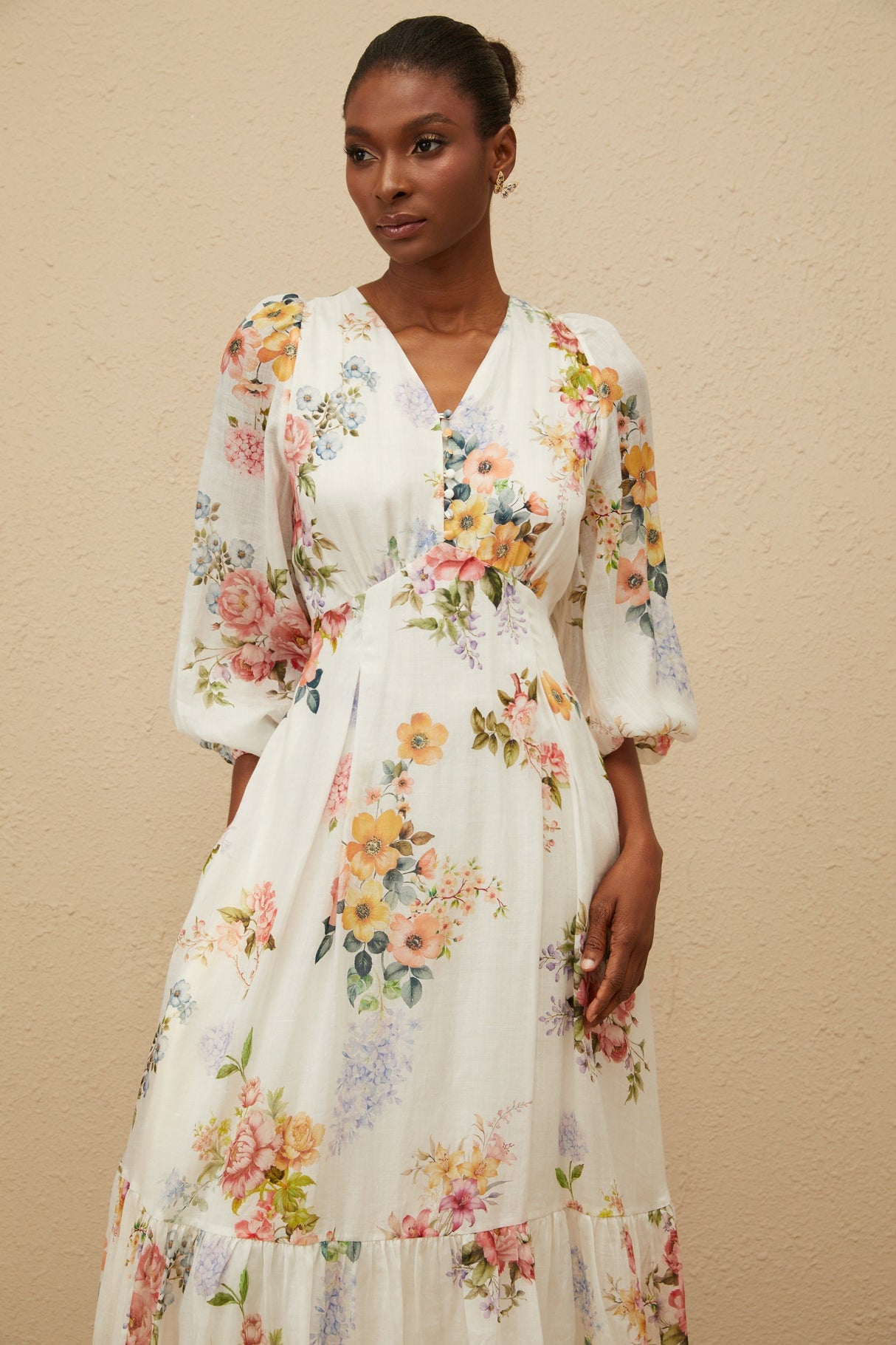 Aurohaya Noémie White Floral Print V-Neck Midi Dress