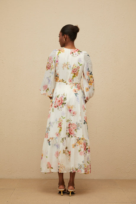Aurohaya Noémie White Floral Print V-Neck Midi Dress