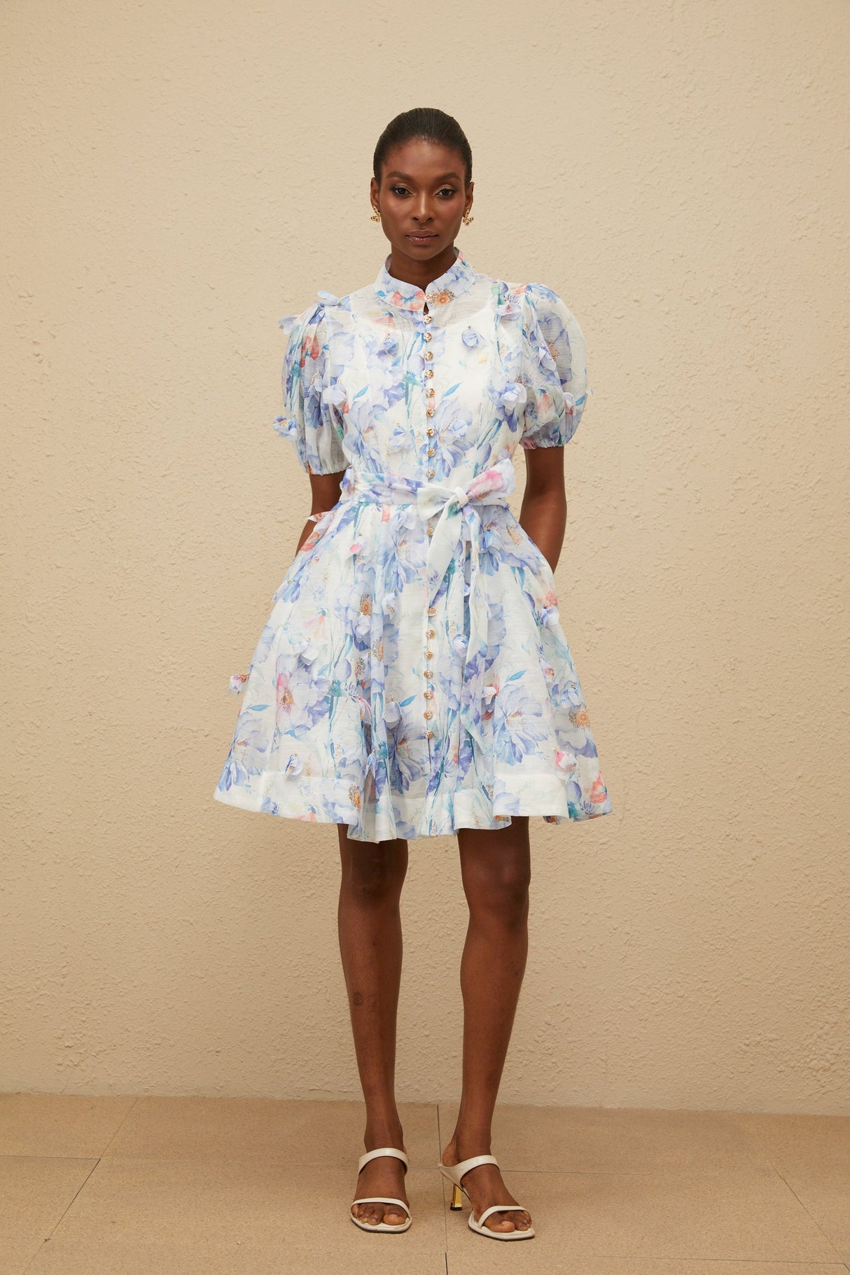 Aurohaya Pétunia Blue Shirred Floral Mini Dress