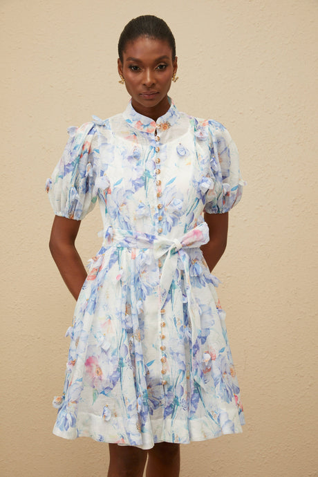 Aurohaya Pétunia Blue Shirred Floral Mini Dress