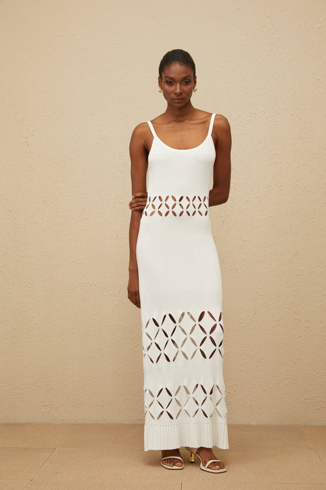 Aurohaya Blanche White Cutout Knit Maxi Dress