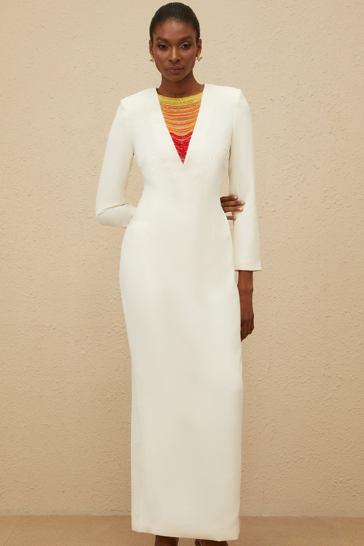 Aurohaya Rosée White Rhinestone Bead Embellished Maxi Dress